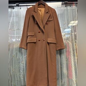 vintage 70s / 80s tan wool long coat trench midi jacket